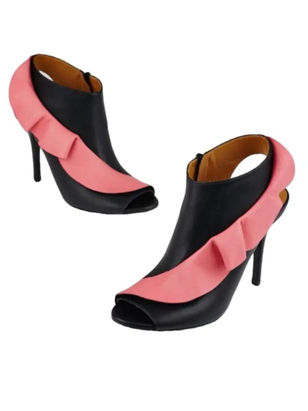 Balenciaga Ruffle Ankle Boots Womens Size 7.5 Black Pink Leather Peep Toe Runway